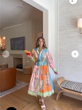 Vestique Streets of Rome Dress Printed Midi Shirt Dress in Pink, Orange & Blue